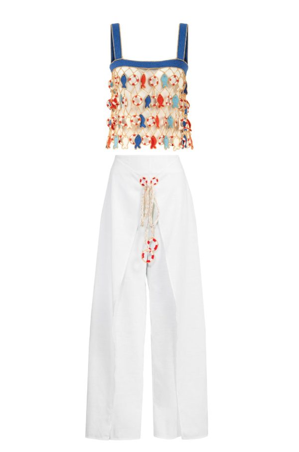 two piece beach set (white linen pants and fish net top)