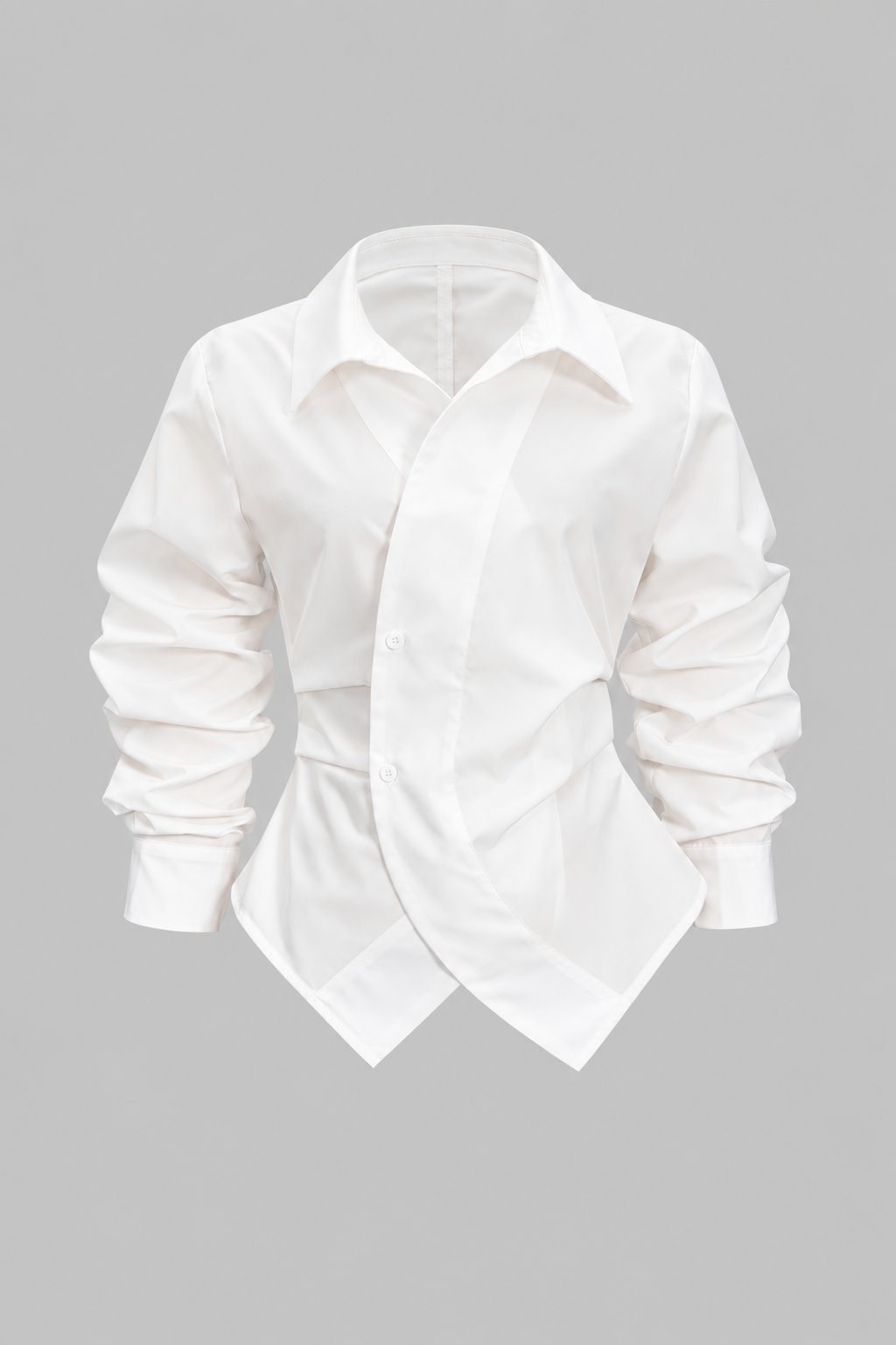 Lisbon white wrap shirt front view with curved asymmetric button front and pointed hem