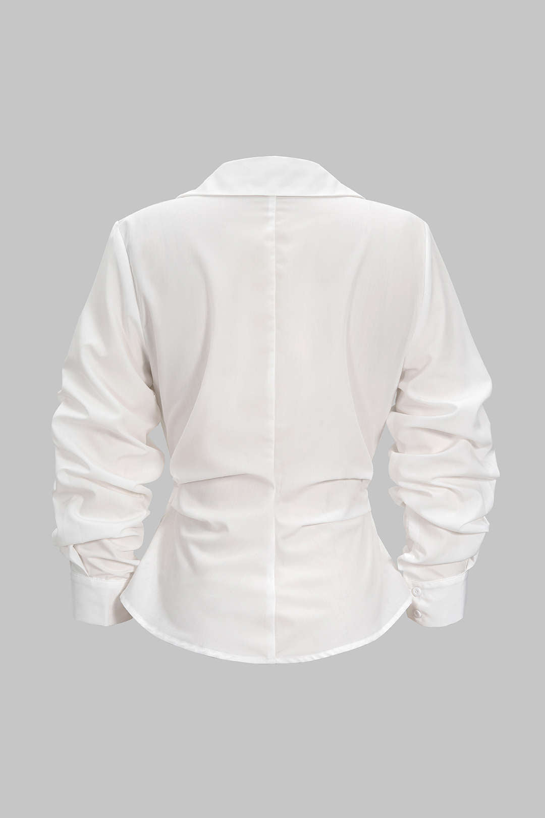 Lisbon Wrap Top back view with centre seam and ruched sleeves