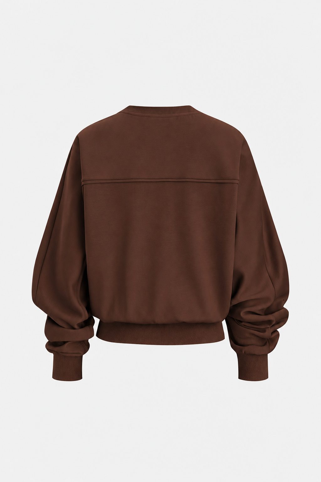 Stockholm Twisted Top back view in chocolate brown with seamed yoke and ribbed hem
