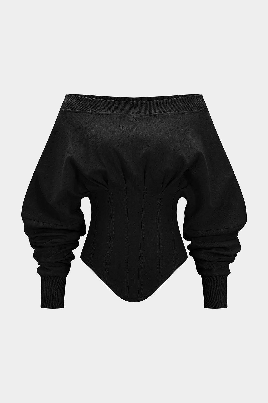 New York black off shoulder top with corset-shaped waist and ruched balloon sleeves