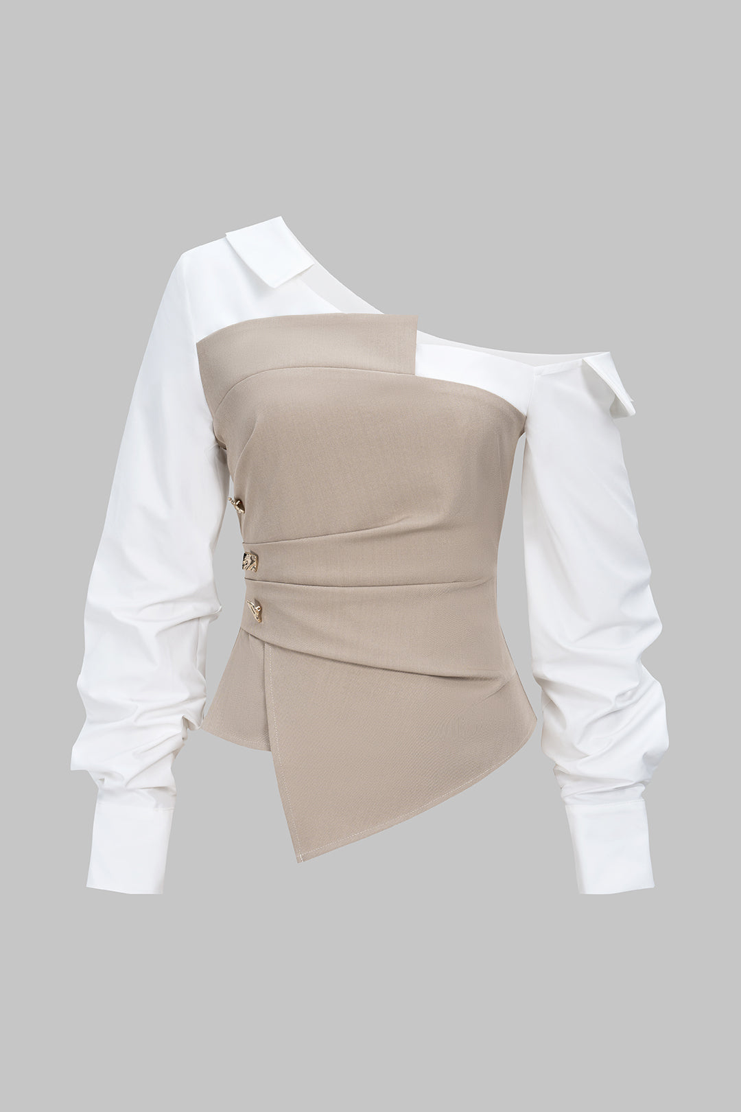 Milan Beige Top front view: one shoulder white shirt with beige corset and asymmetric hem