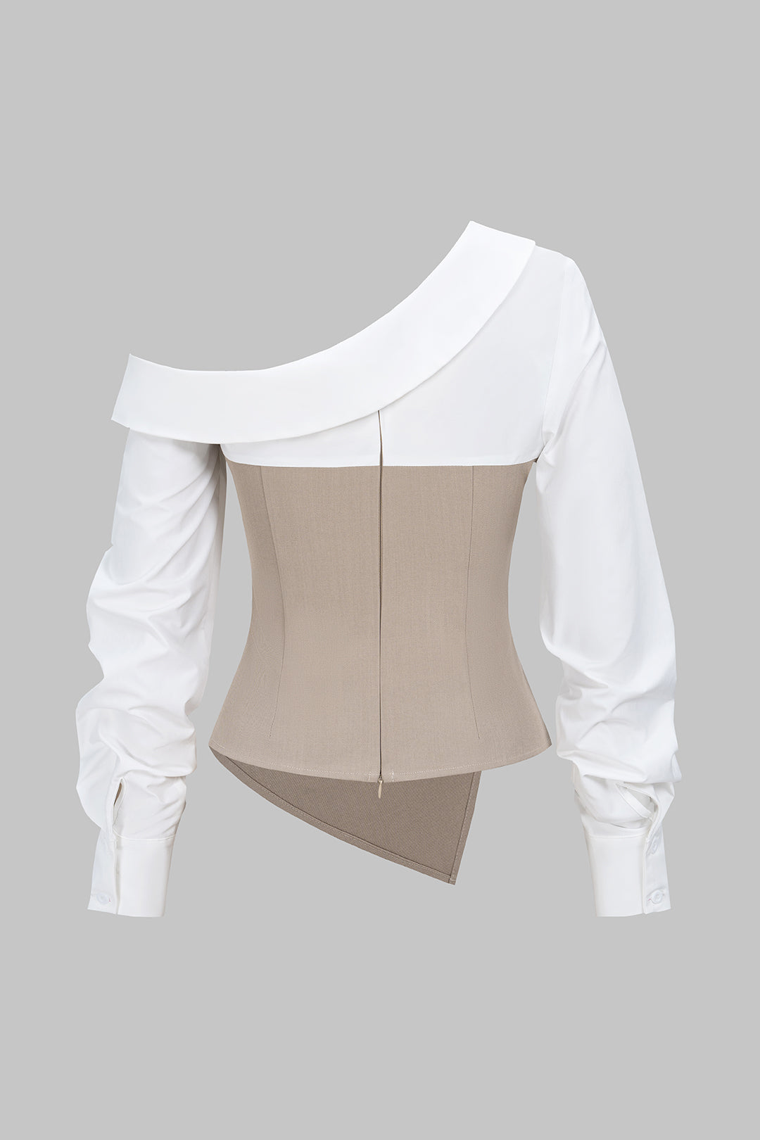 Milan Beige Top back view with wide fold-over collar and concealed zip