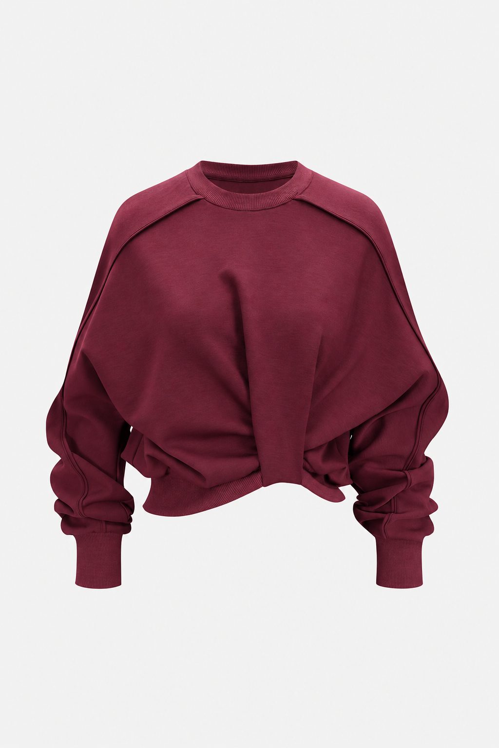 Stockholm twist front sweatshirt in burgundy with knotted hem and batwing sleeves