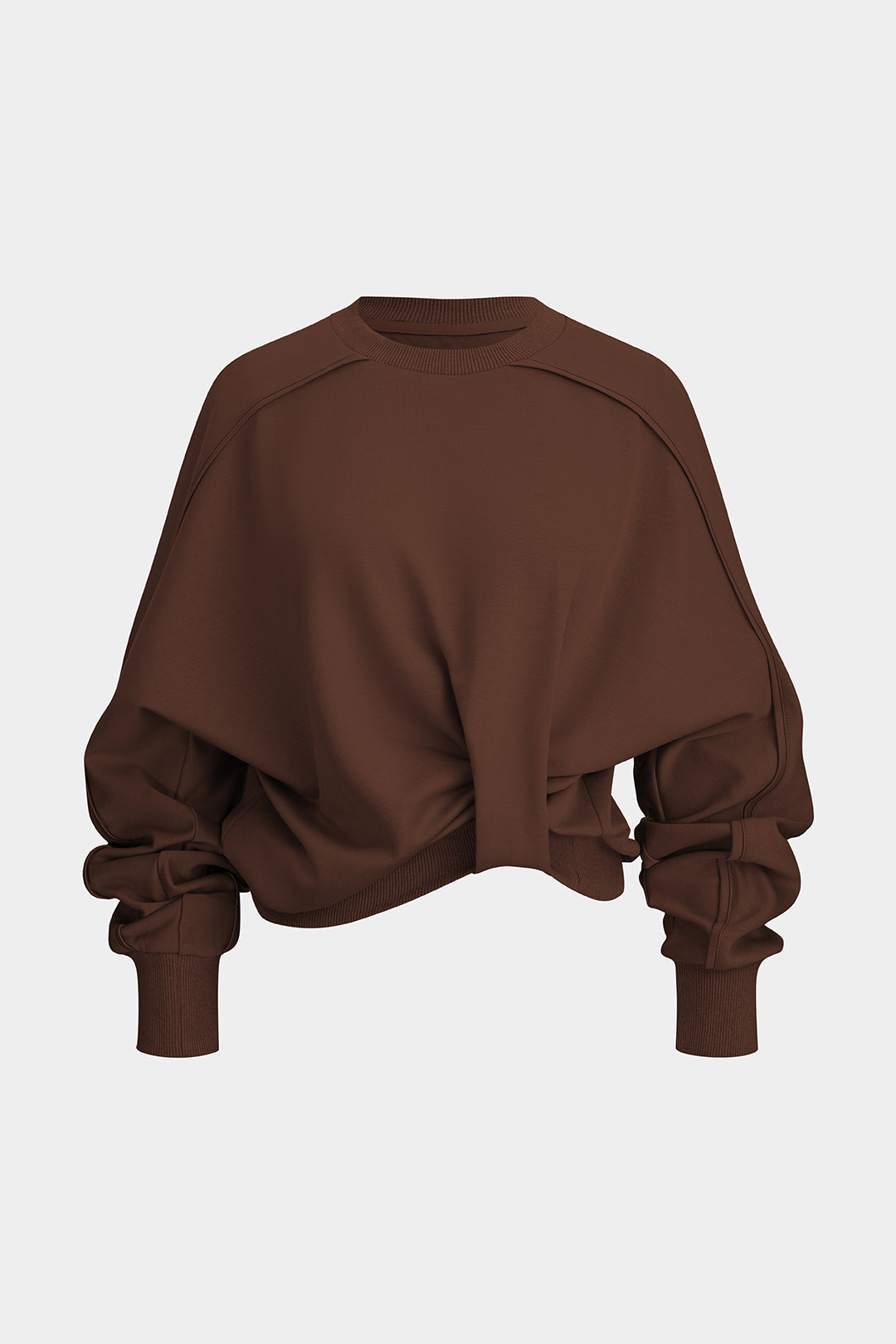 Stockholm Twisted Top front view in chocolate brown with knotted hem and batwing sleeves