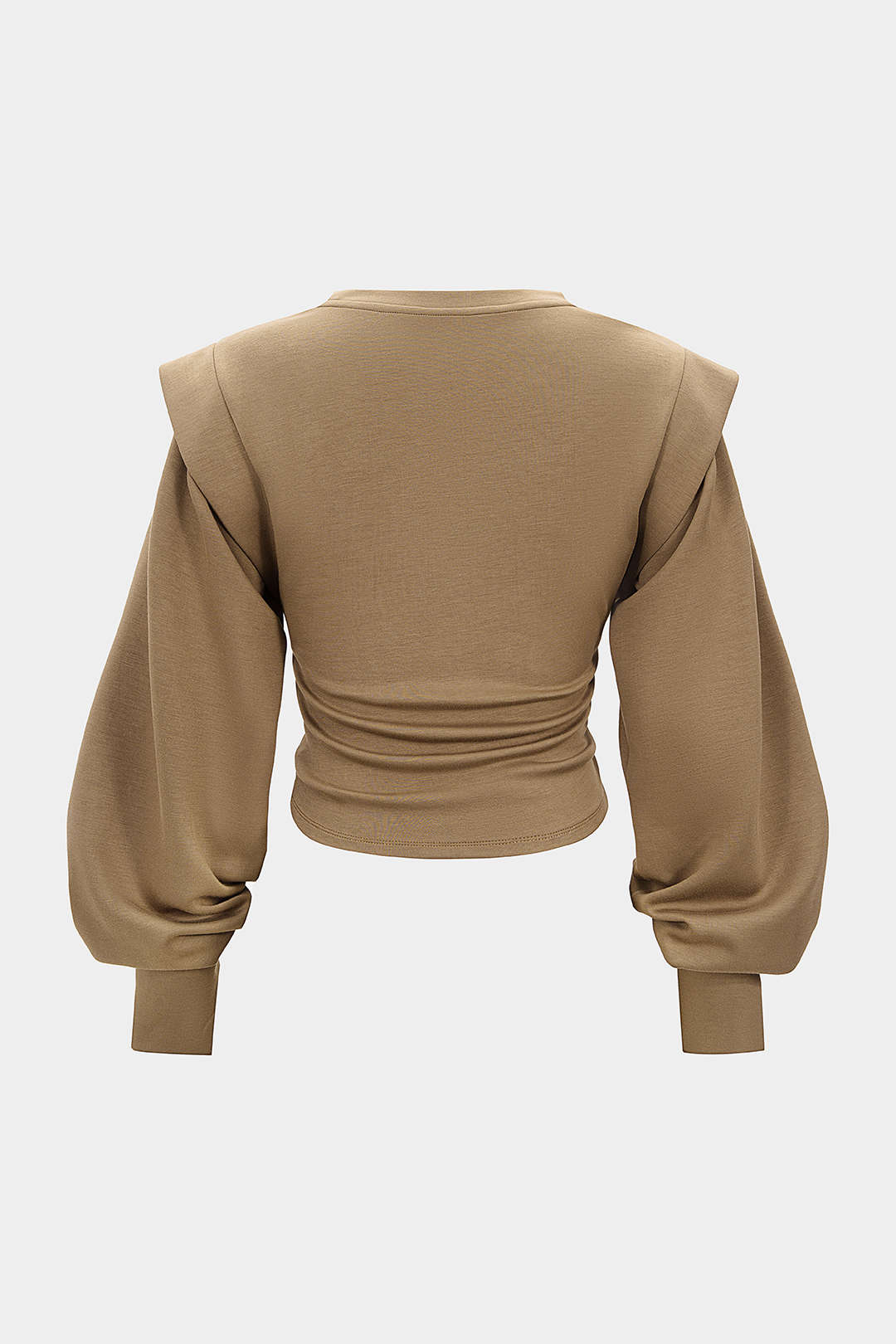 Kyoto Gathered Top back view in beige with ruched waist and balloon sleeves