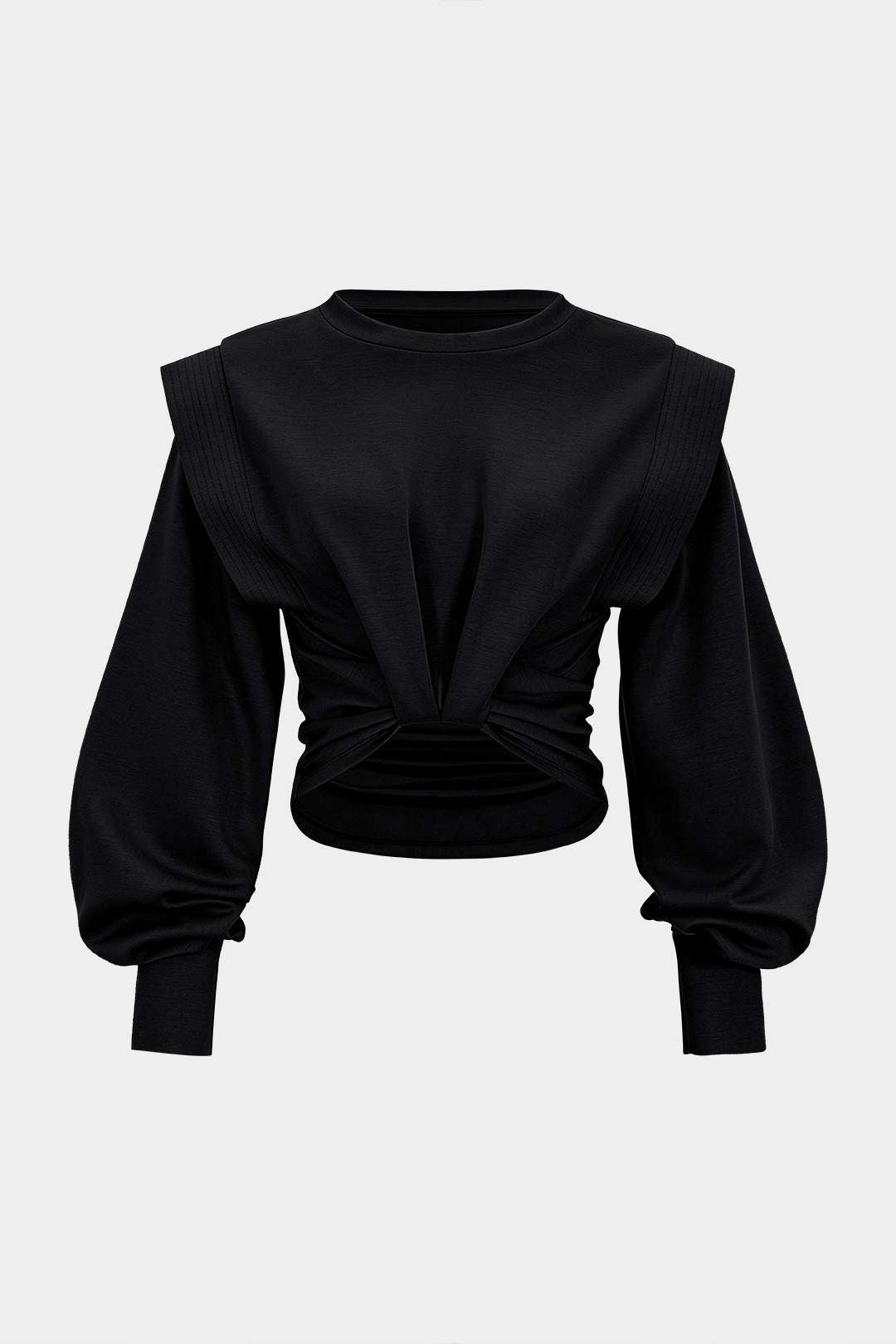 Kyoto Gathered Top in black with twisted front, pleated shoulders and balloon sleeves