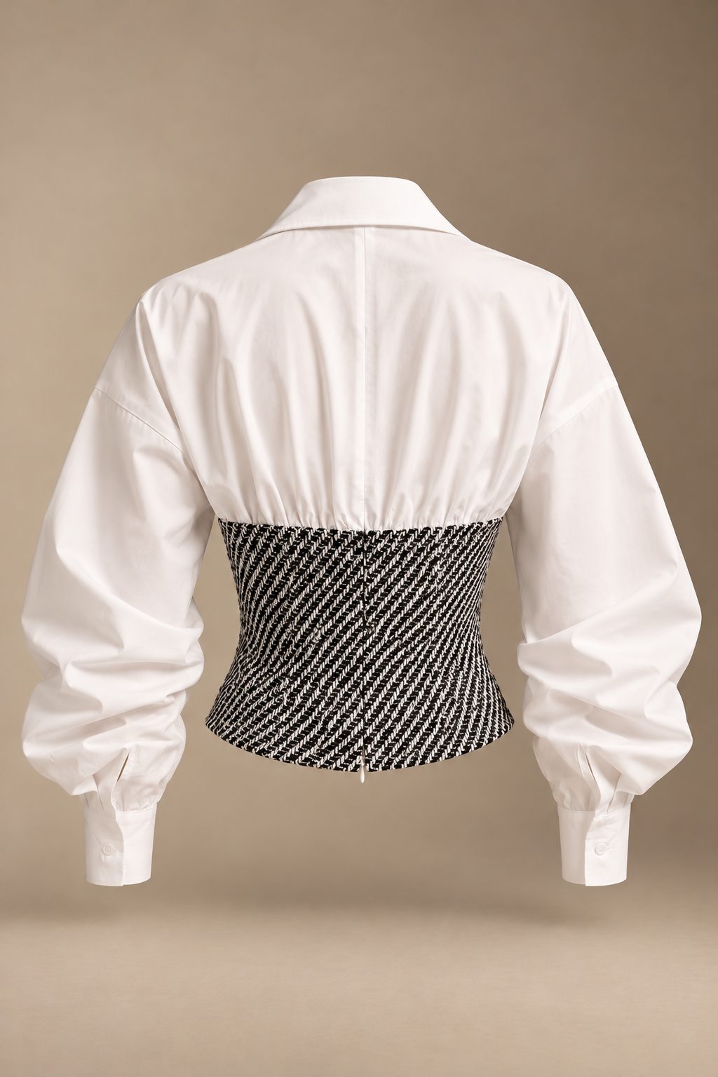 Versailles Tweed Top back view with gathered white shirt and zip-back tweed bustier