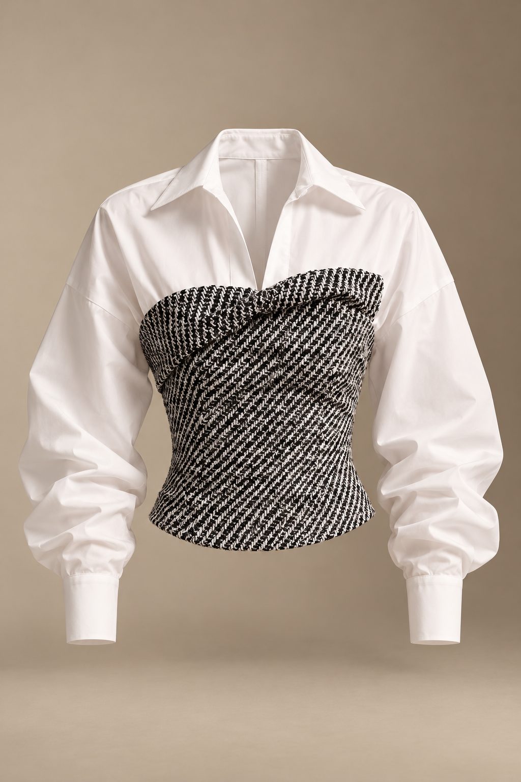 Versailles tweed bustier top front view: white shirt with twisted black and white tweed bodice and gigot sleeves