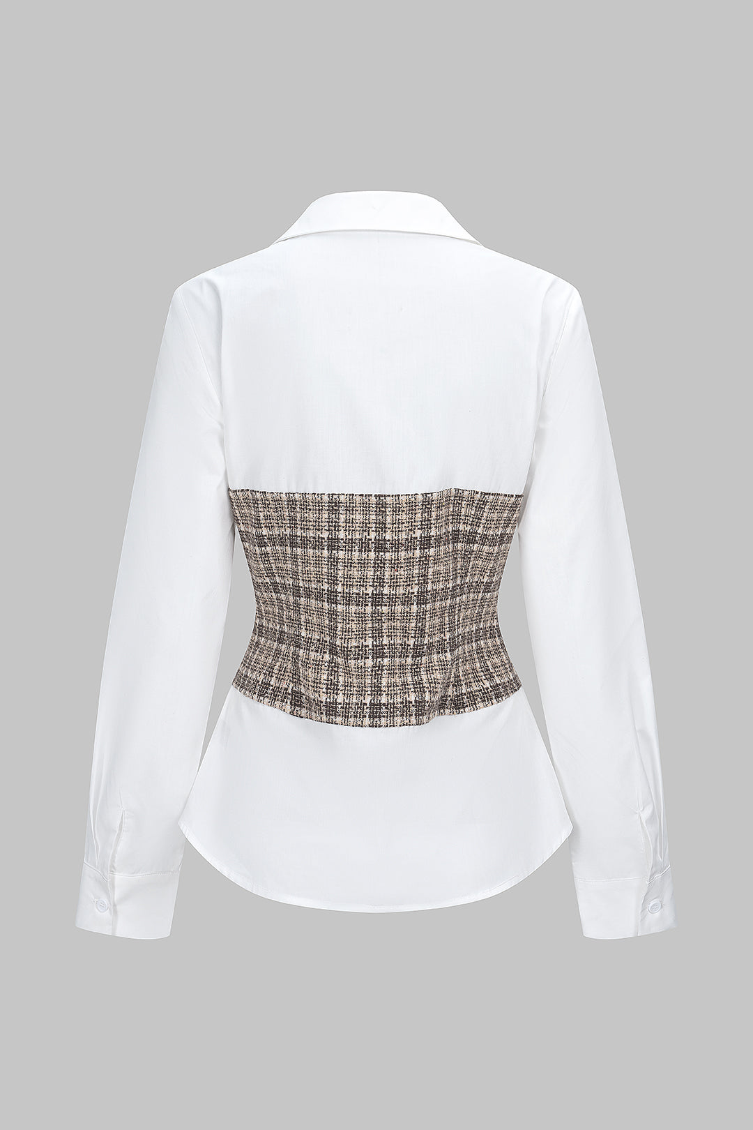 Monaco Tweed Top back view: tweed corset panel wrapping the waist of a white long-sleeve shirt