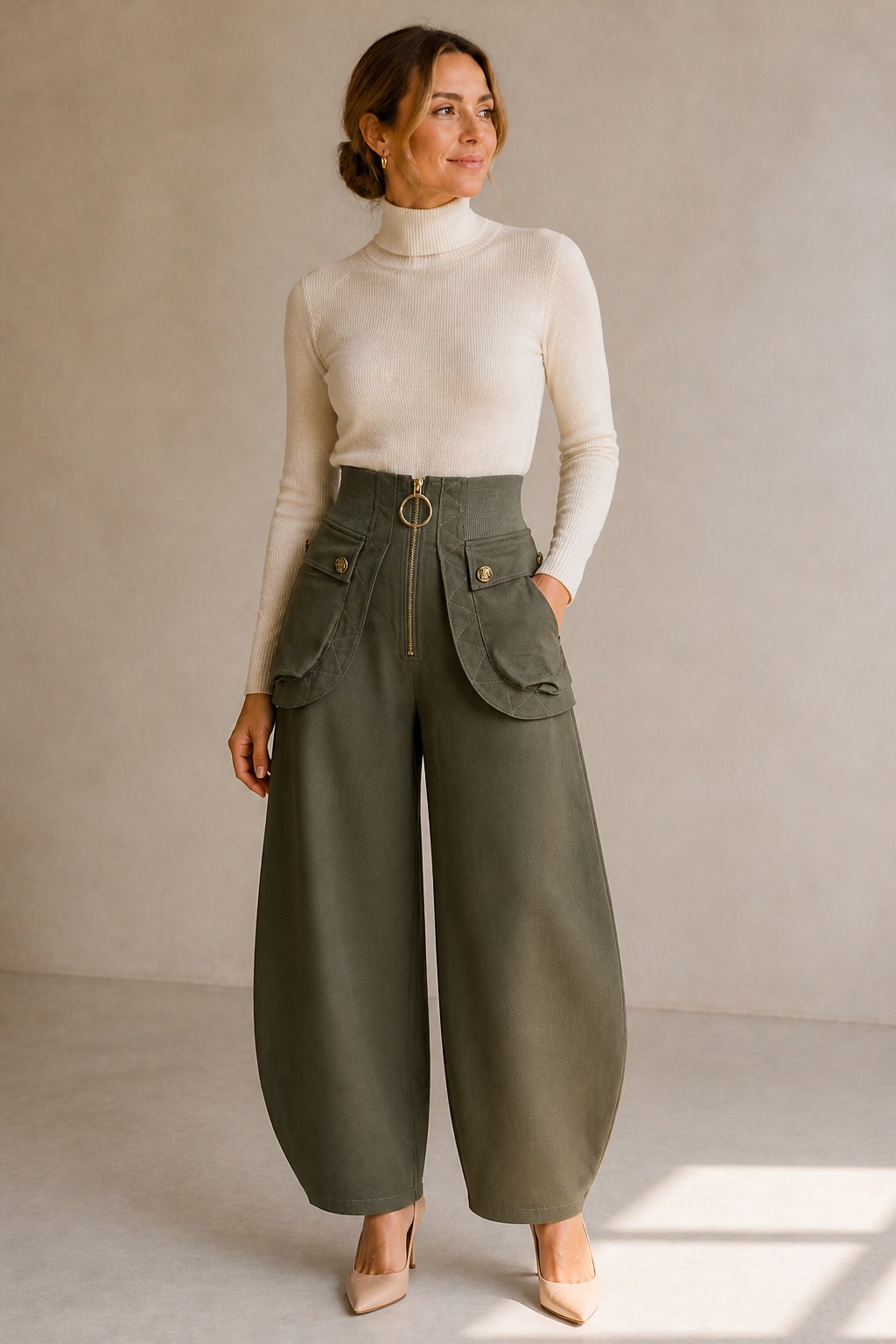 Copenhagen Horseshoe Trousers in olive, high-waisted barrel-leg cargo trousers, front view - Revelle Toronto