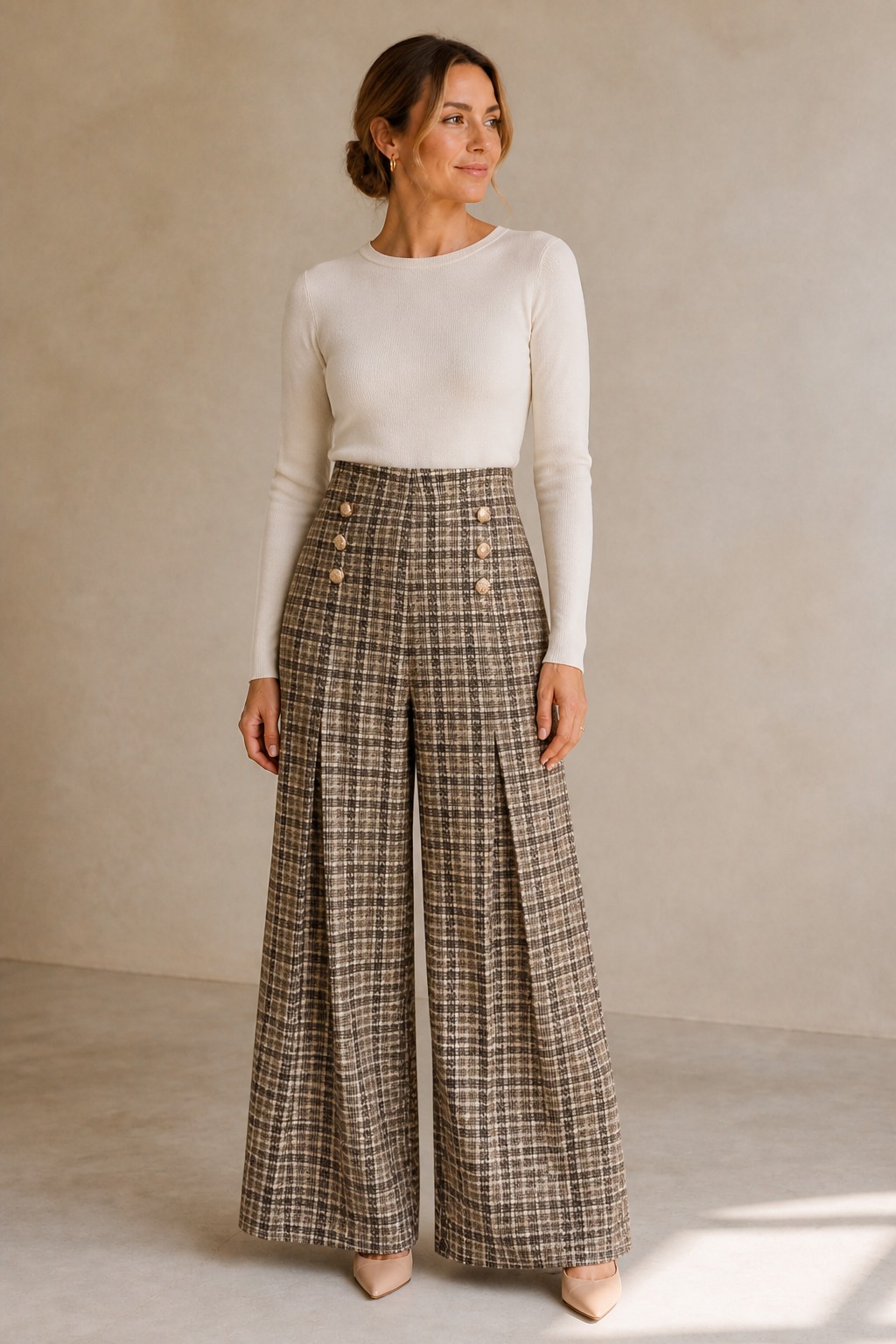 Dublin Plaid Wide-Leg Trousers in brown plaid, high-waisted double-breasted trousers, front view - Revelle Toronto