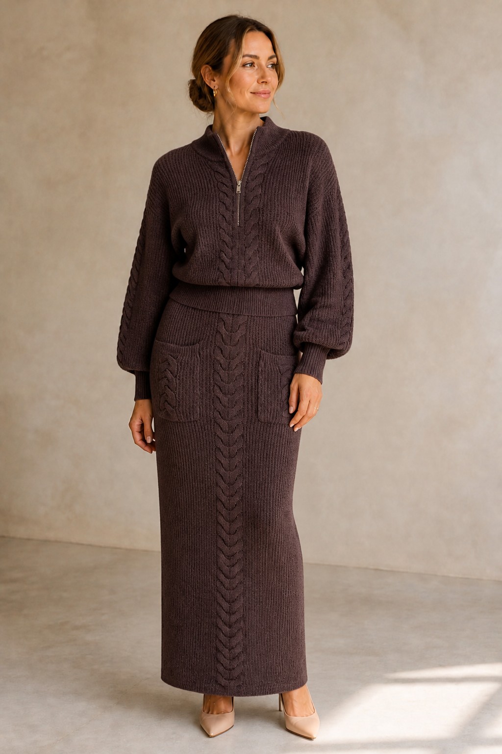 Edinburgh Cable Knit Set in chocolate brown, zip-front cable sweater and maxi skirt, front view - Revelle Toronto