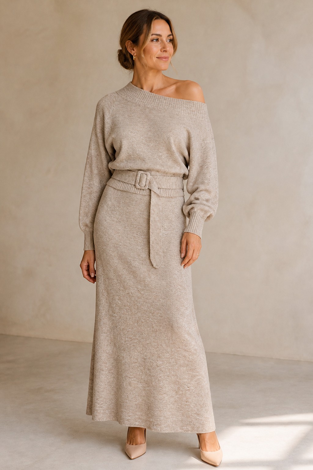 Gstaad Knit Two-Piece Set in khaki, off-shoulder belted knit sweater with ribbed maxi skirt, front view - Revelle Toronto