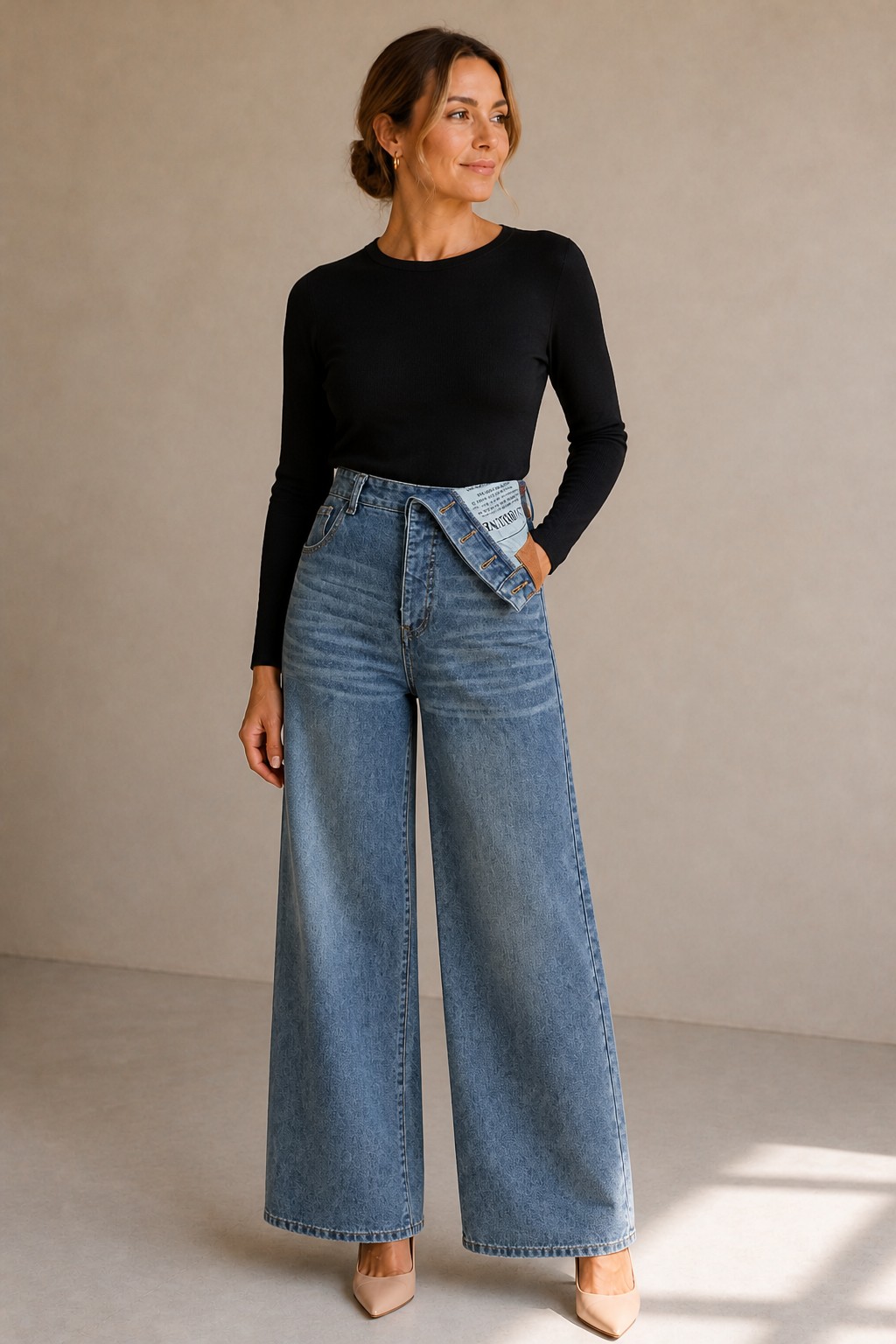 Montreal Asymmetric Straight Jeans in light wash blue, high-waisted wide straight jeans with folded waistband, front view - Revelle Toronto