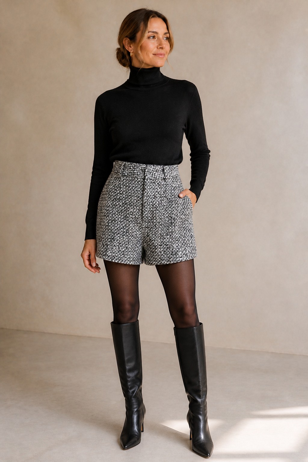 Munich Wide-Leg Shorts in grey melange tweed, high-waisted tailored shorts styled with tights and boots, front view - Revelle Toronto