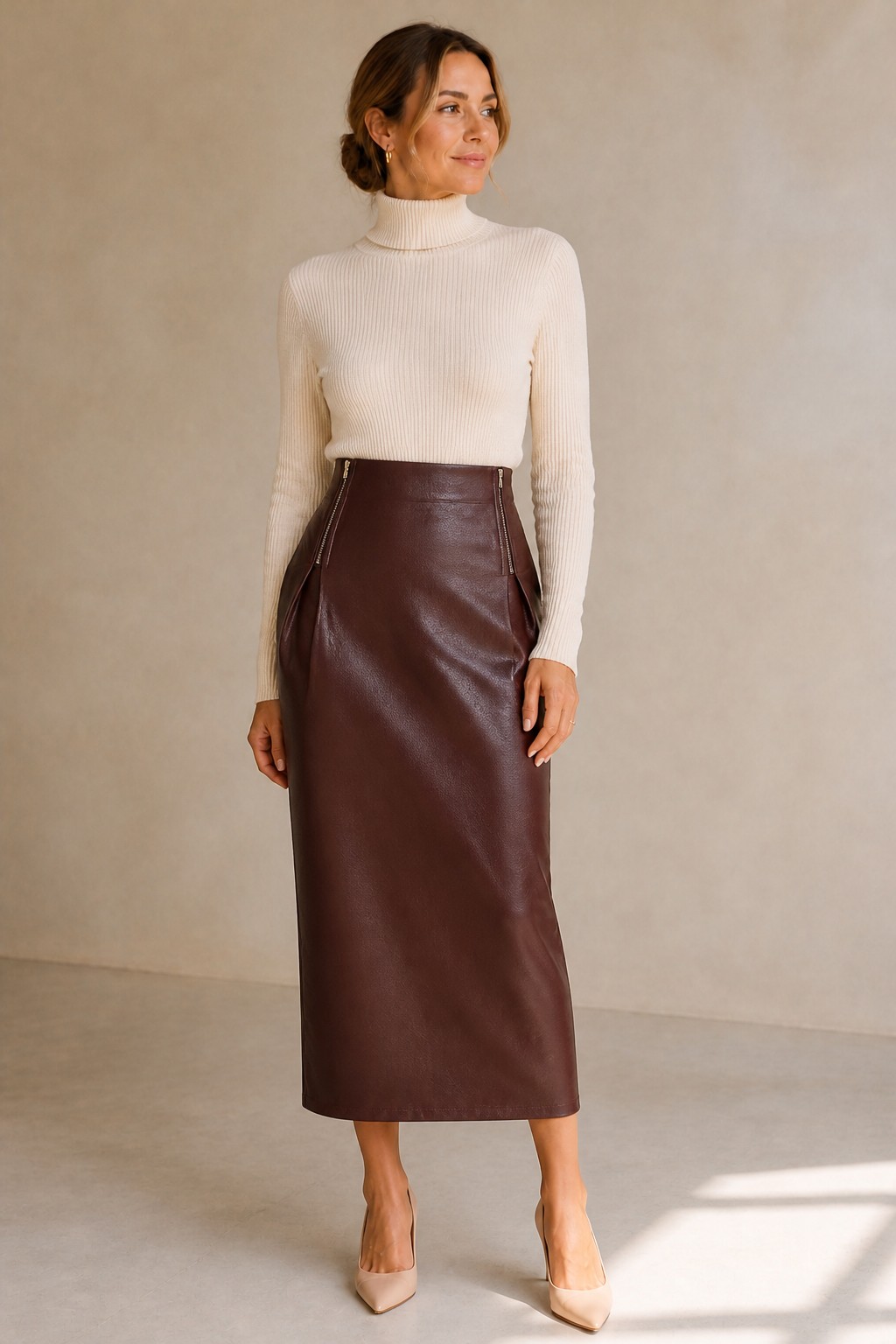 Prague Faux Leather Skirt in maroon, high-waisted faux leather midi pencil skirt, front view - Revelle Toronto